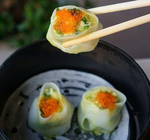 PEA SHOOTS CRABMEAT DUMPLINGS